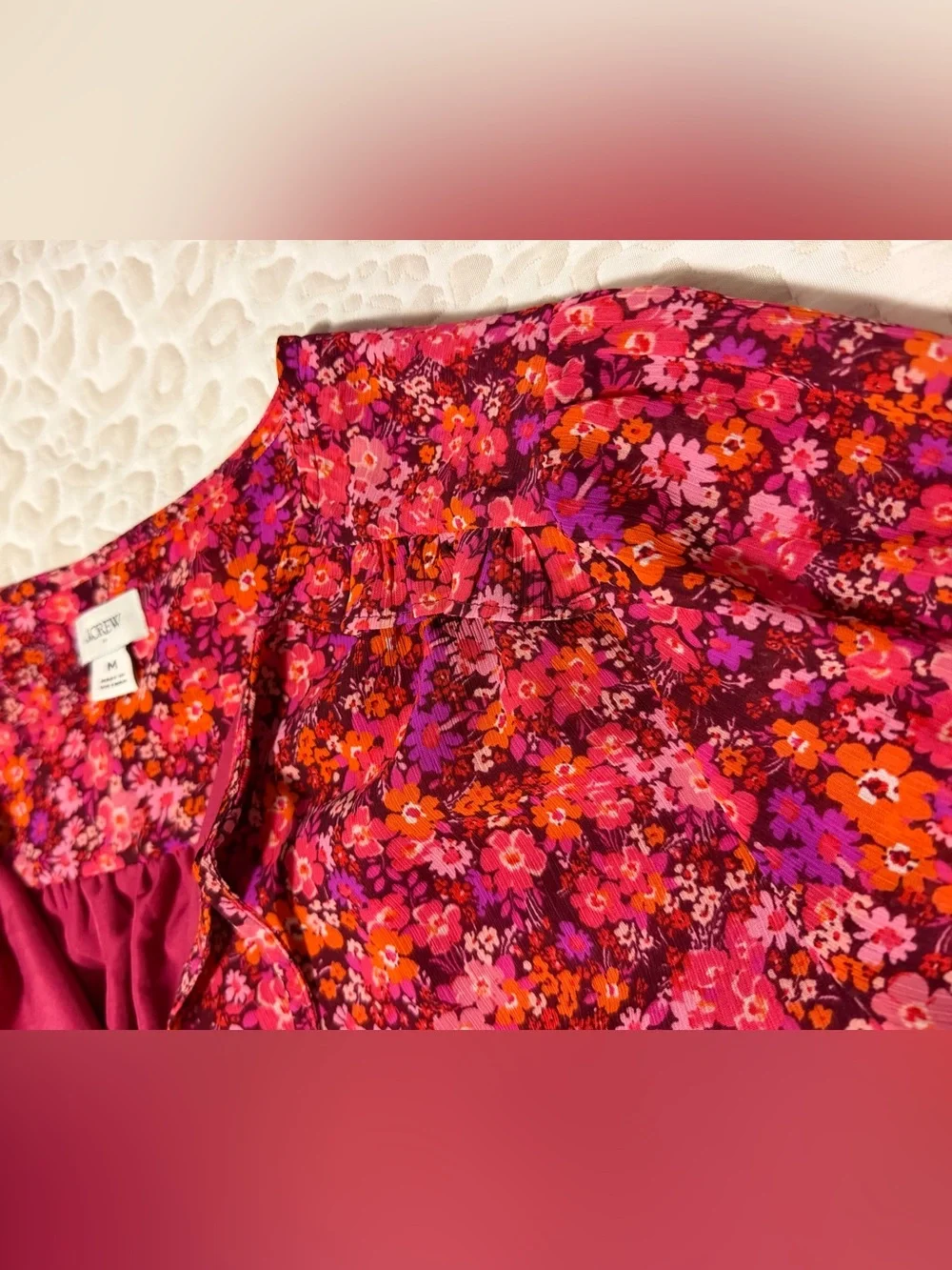 J. Crew Pink Floral Tie-Neck Long Sleeve Blouse. Size-M